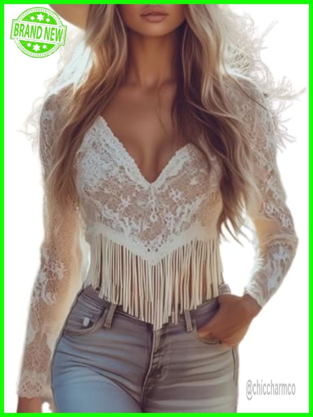 Fringe See Through Cowgirl Western Lace Long Sleeve Top